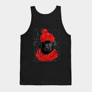 Black Labrador Wearing Red Hat And Scarf Christmas Tank Top